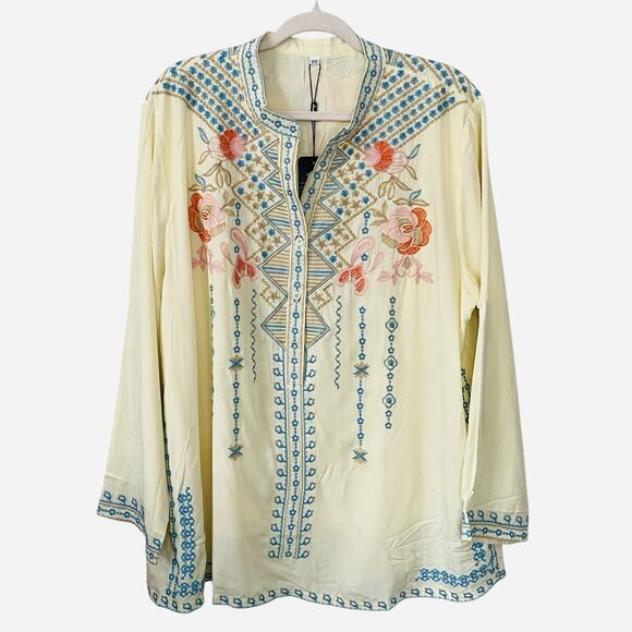 NWT Laura Klein Tunic Top Size XXL Embroidered Roll Tab Sleeve Lined Boho Yellow - Picture 2 of 12